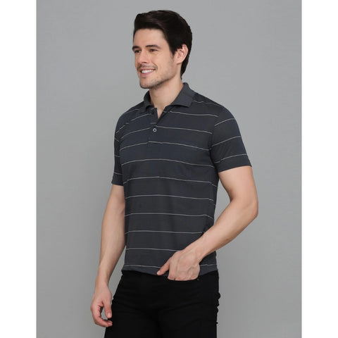 Generic Men's Casual Half Sleeve Striped Cotton Blended Polo Neck T-shirt (Grey)