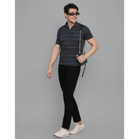 Generic Men's Casual Half Sleeve Striped Cotton Blended Polo Neck T-shirt (Grey)
