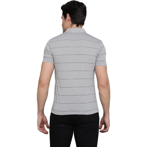 Generic Men's Casual Half Sleeve Striped Cotton Blended Polo Neck T-shirt (L.Grey)