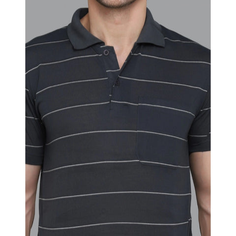 Generic Men's Casual Half Sleeve Striped Cotton Blended Polo Neck T-shirt (Grey)