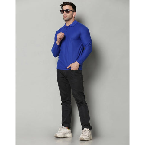 Generic Men's Casual Full Sleeve Solid Cotton Blended Polo Neck T-shirt (Royal)