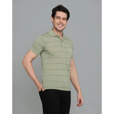 Generic Men's Casual Half Sleeve Striped Cotton Blended Polo Neck T-shirt (L.Green)
