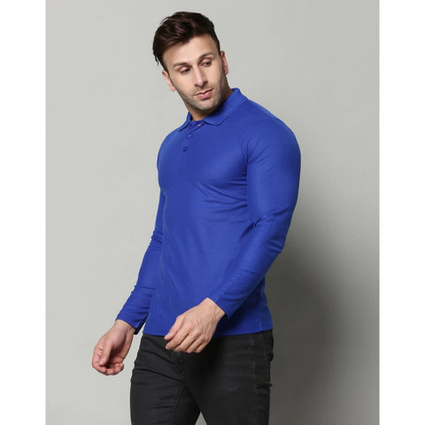 Generic Men's Casual Full Sleeve Solid Cotton Blended Polo Neck T-shirt (Royal)