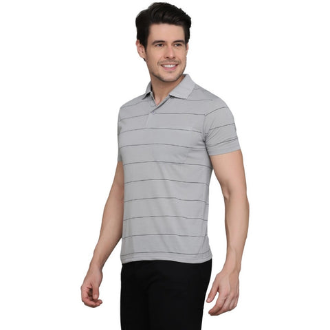 Generic Men's Casual Half Sleeve Striped Cotton Blended Polo Neck T-shirt (L.Grey)