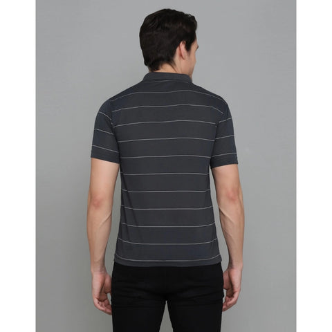 Generic Men's Casual Half Sleeve Striped Cotton Blended Polo Neck T-shirt (Grey)