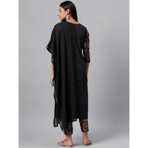 Generic Women's Casual Half Sleeve Ethnic Motifs Georgette & Crepe Kurti and Pant Set (Black)