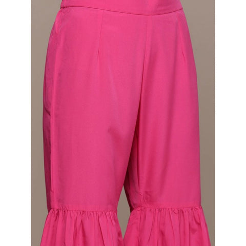 Generic Women's Casual Sleeveless Ethnic Motifs Crepe Kurti Sharara And Dupatta Set (Pink)