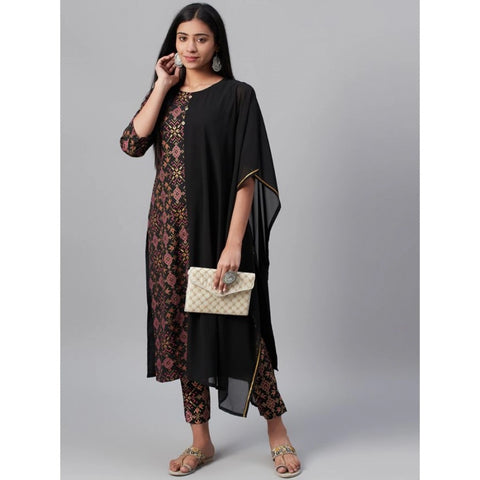 Generic Women's Casual Half Sleeve Ethnic Motifs Georgette & Crepe Kurti and Pant Set (Black)