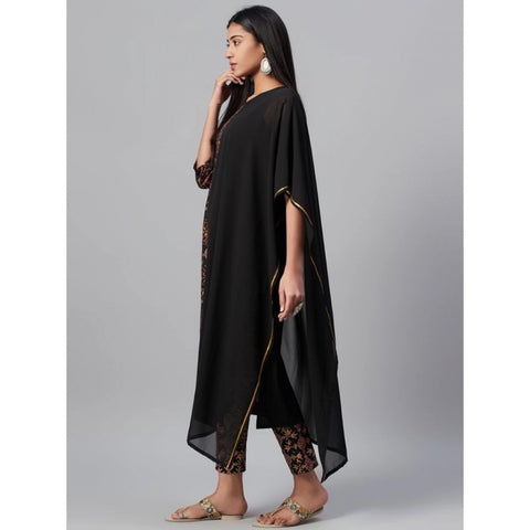 Generic Women's Casual Half Sleeve Ethnic Motifs Georgette & Crepe Kurti and Pant Set (Black)
