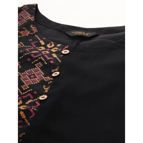 Generic Women's Casual Half Sleeve Ethnic Motifs Georgette & Crepe Kurti and Pant Set (Black)