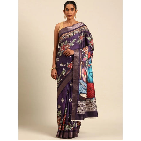 Generic Women's Cotton Printed Saree With Unstitched Blouse 5.5Mtr (Purple-Pink)