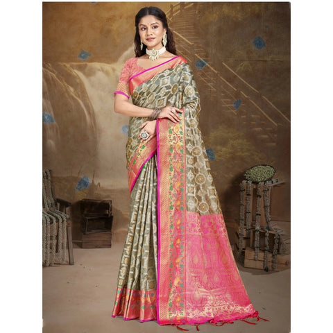Generic Women's Silk Woven Design Saree With Unstitched Blouse 5.5Mtr (Grey)
