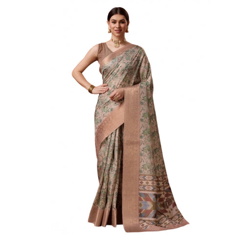 Generic Women's Cotton Printed Saree With Unstitched Blouse 5.5Mtr (Peach)