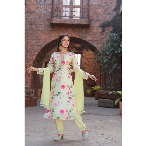 Generic Women's Cotton Blend Printed Round Neck Kurti with Pant and Dupatta Set (Green)