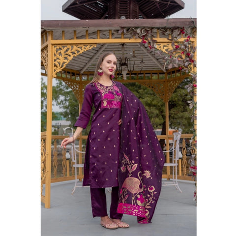 Generic Women's Cotton Blend Printed Round Neck Kurti with Pant and Dupatta Set (Purple)