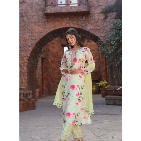 Generic Women's Cotton Blend Printed Round Neck Kurti with Pant and Dupatta Set (Green)