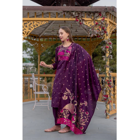 Generic Women's Cotton Blend Printed Round Neck Kurti with Pant and Dupatta Set (Purple)