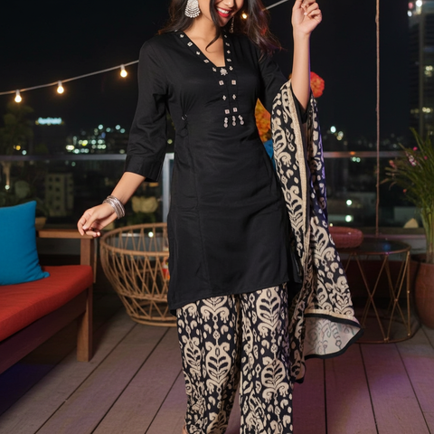 Black Embellished Mirror Kurta with Ivory Ethnic Print Palazzo | Festive Ethnic Coord Set