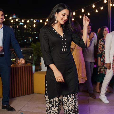 Black Embellished Mirror Kurta with Ivory Ethnic Print Palazzo | Festive Ethnic Coord Set