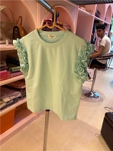 Ruffle Sleeve Cotton Top — Pastel Feminine Charm in Mint, Peach & Yellow