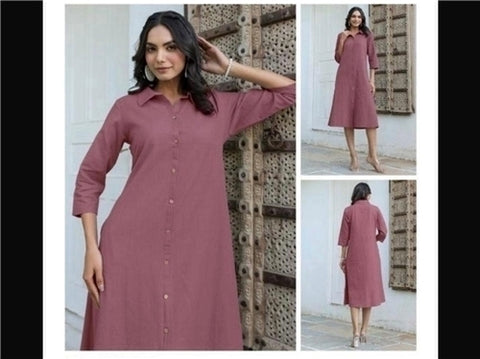 Jenesiya Mauve Solid A-Line Shirt Dress โ Cotton Blend with 3/4 Sleeves