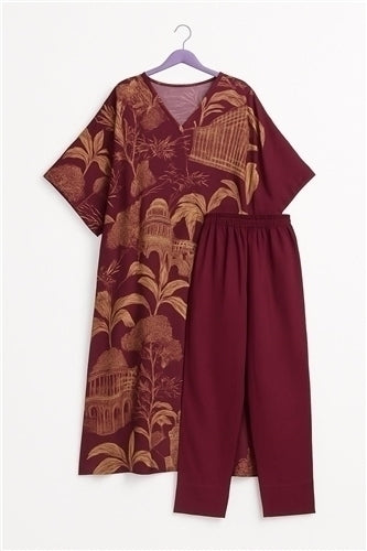 Aesha Maroon Printed Kaftan Style Kurti with Pant Set | Abstract Floral Rayon Blend | Casual Festive Resort Wear
