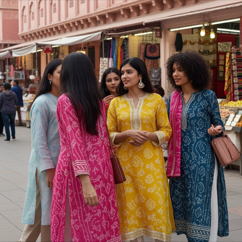 Bandhej Print Kurti with Zari Panel Work