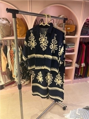 Printed Coord Set | Shirt-Style Button-Down Cotton Blend | Navy Blue & White Green | Casual Resort