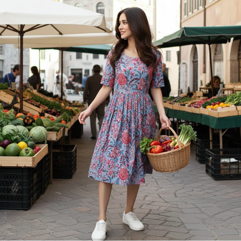 Jenesiya Blue Floral Fit & Flare Midi Dress โ Pure Cotton with Gathered Waist
