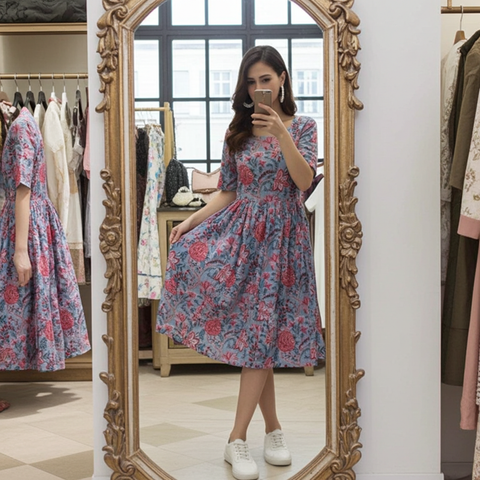Jenesiya Blue Floral Fit & Flare Midi Dress โ Pure Cotton with Gathered Waist