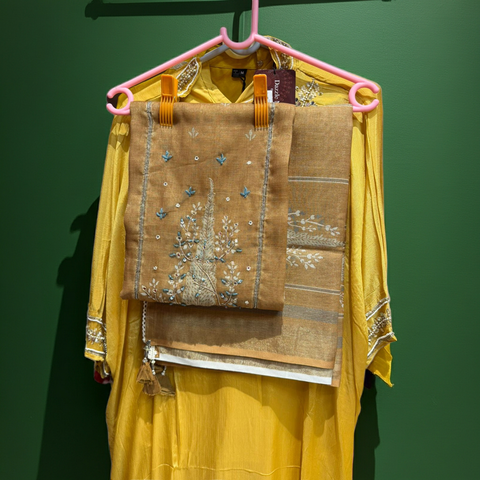 Antique Gold Peacock Embroidered Tissue Dress Material with Dupatta | Chanderi Zari Floral Tassel | Unstitched
