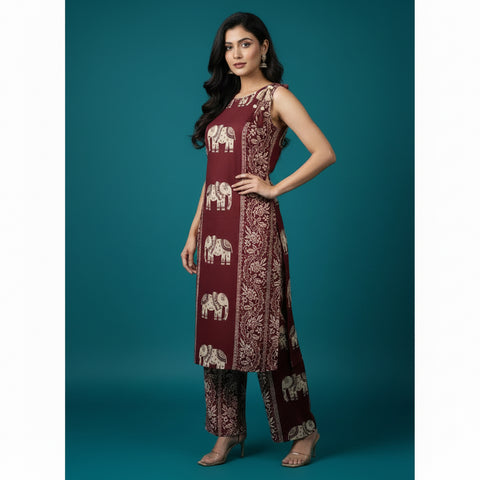 Maroon Elephant Print Cotton Sleeveless Kurta Pant Co-ord Set for Women