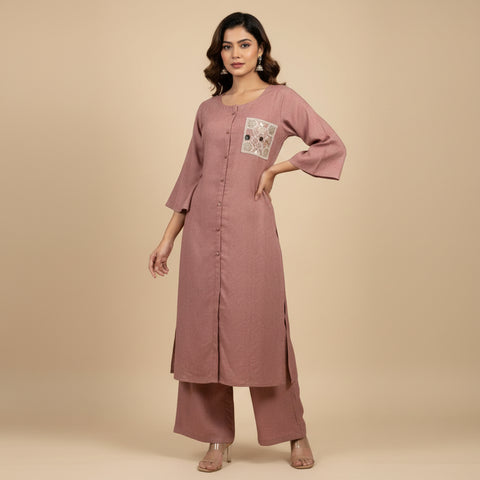 Womenโs Solid Brown Cotton Blend Kurta Pant Set with Embroidered Patch Pocket