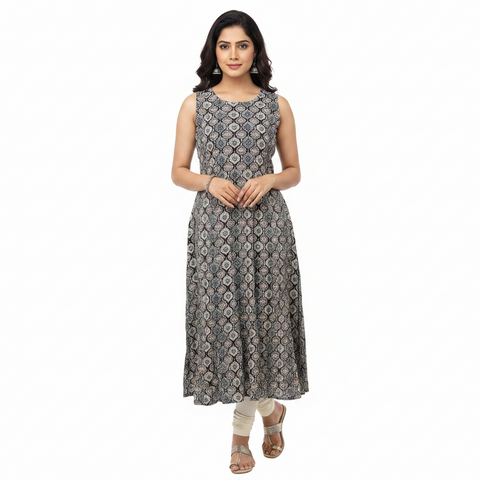 Women’s Black Ethnic Printed Long Kurti | Sleeveless Casual & Daily Wear Kurta