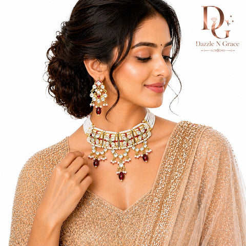 Royal Kundan Pearl Choker Necklace Set with Red Drops โ Bridal & Festive Statement Jewelry