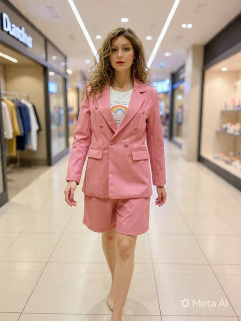 Double-Breasted Blazer & High Waist Shorts Coord Set Dusty Rose