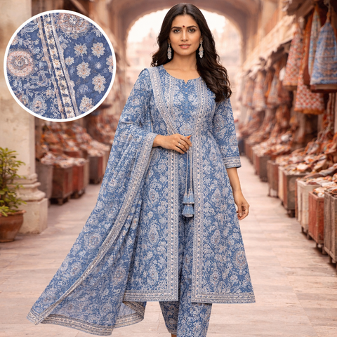 Blue Paisley Print Salwar Suit with Tassel Tie & Dupatta | Festive Ethnic Wear for Women