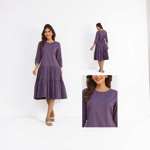 Jenesiya Solid Deep Purple Tiered Midi Dress โ Cotton with Waist Tie & Tiered Hem
