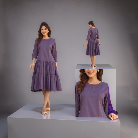 Jenesiya Solid Deep Purple Tiered Midi Dress โ Cotton with Waist Tie & Tiered Hem
