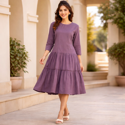 Jenesiya Solid Deep Purple Tiered Midi Dress โ Cotton with Waist Tie & Tiered Hem