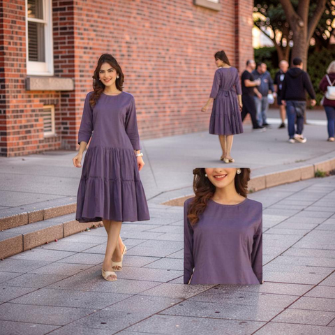 Jenesiya Solid Deep Purple Tiered Midi Dress — Cotton with Waist Tie & Tiered Hem