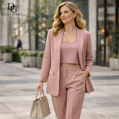 Blush Pink Co-Ord Set Open Blazer & Elastic Waist Trousers