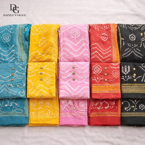 Bandhani & Leheriya Printed Cotton Dress Material Set | Tie-Dye Diagonal Stripe Premium Soft Cotton | Unstitched