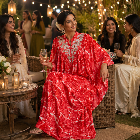 Puja Red & White Tie-Dye Kaftan Coord Set | Embroidered Yoke Batwing Sleeve | Resort Boho