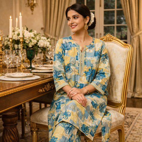 Teal Mustard Geo Floral Straight Kurta and Pant | Mosaic Print Round Neck Stripe Placket Cuffs Rayon Viscose | Work Brunch Casual