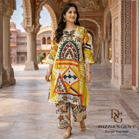 Mustard Yellow Abstract Print Kurti Coord Set | Geometric Floral Bold Motif Round Neck 3/4 Sleeve | Casual Festive Vacation