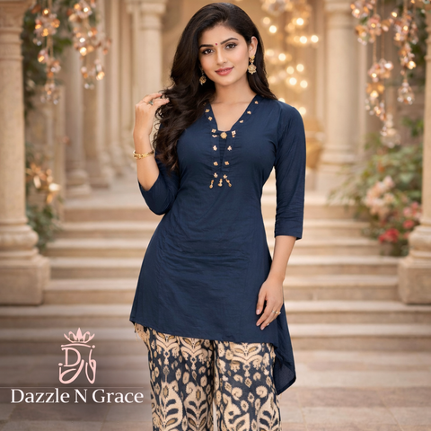 Navy Blue Embellished Kurta with Printed Palazzo | V-Neck Ethnic Fusion Coord Set