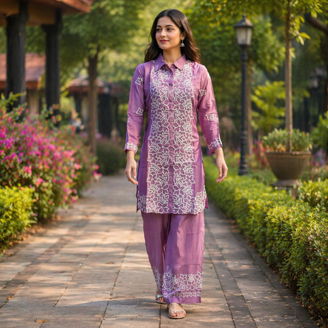 Puja Lavender Chikankari Embroidered Kurti with Pants Set | White Floral Wide-Leg | Festive