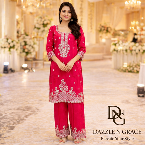 Puja Hot Pink Heavy Embroidered Kurti with Pants Set | White Thread Festive Coord