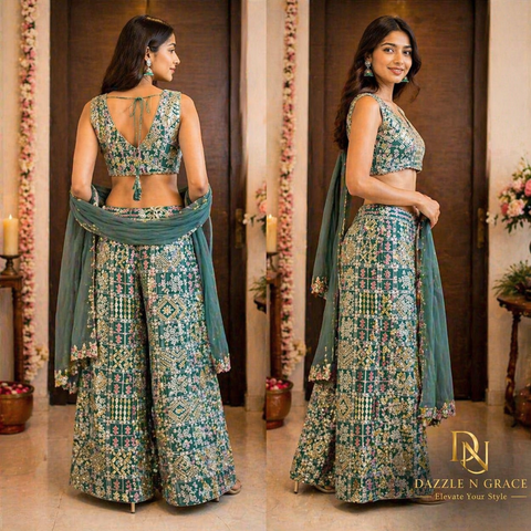 Toral Teal Green Printed Crop Top with Wide-Leg Pants & Dupatta | Ethnic Block Print Scallop | Festive Party